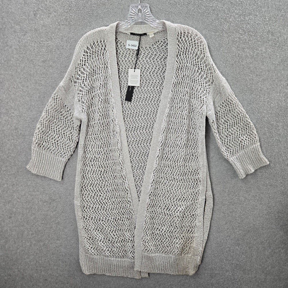 Tahari Women Sweater Medium Gray Open Knit Cardigan Short‎ Sleeve Open Front NWT